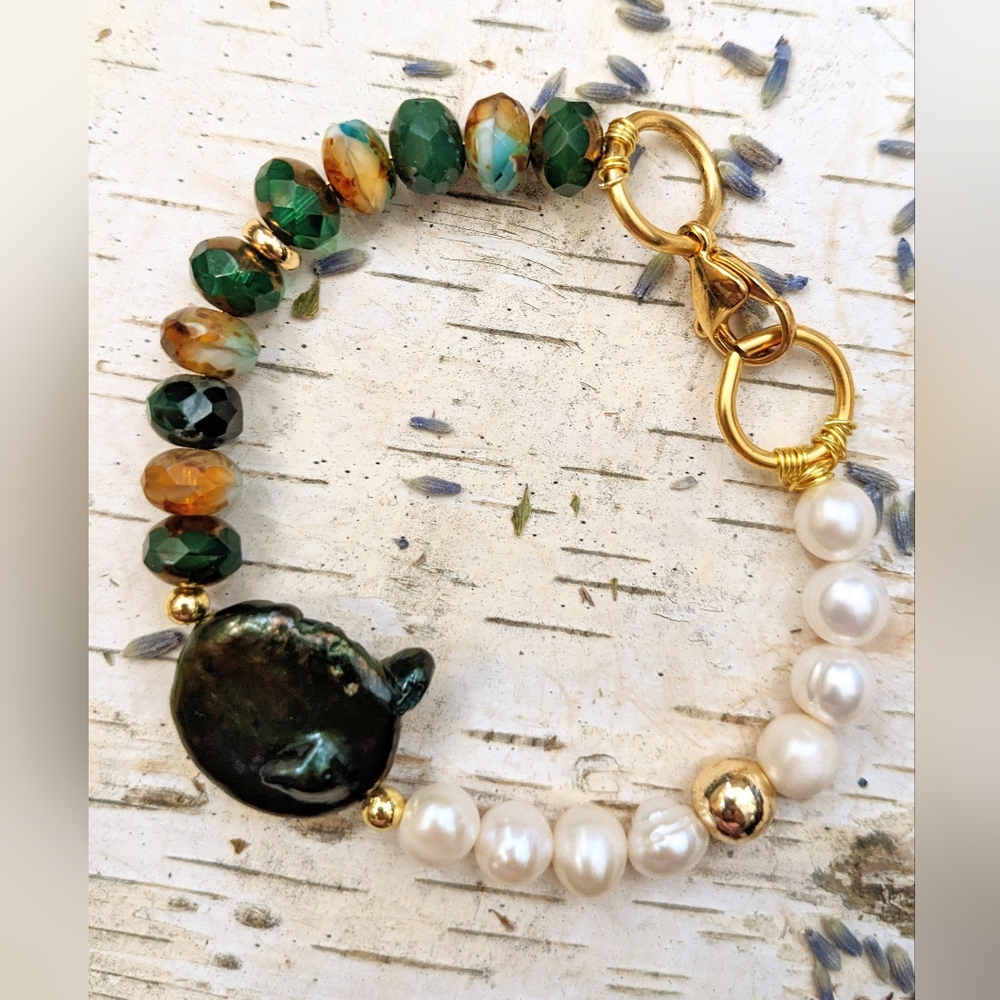 Emerald Glass Beads & Natural Freshwater Pearls In Assymetrical Bracelet